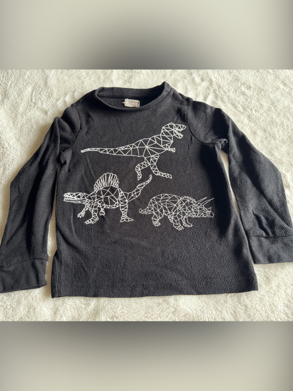 Black Kids' Thermal Tee with White Geometric Dinosaurs